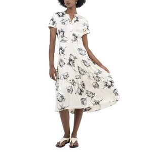 Silk White V Neck Band Collar A Line Short Sleeves Dress, M, 4N-149D001